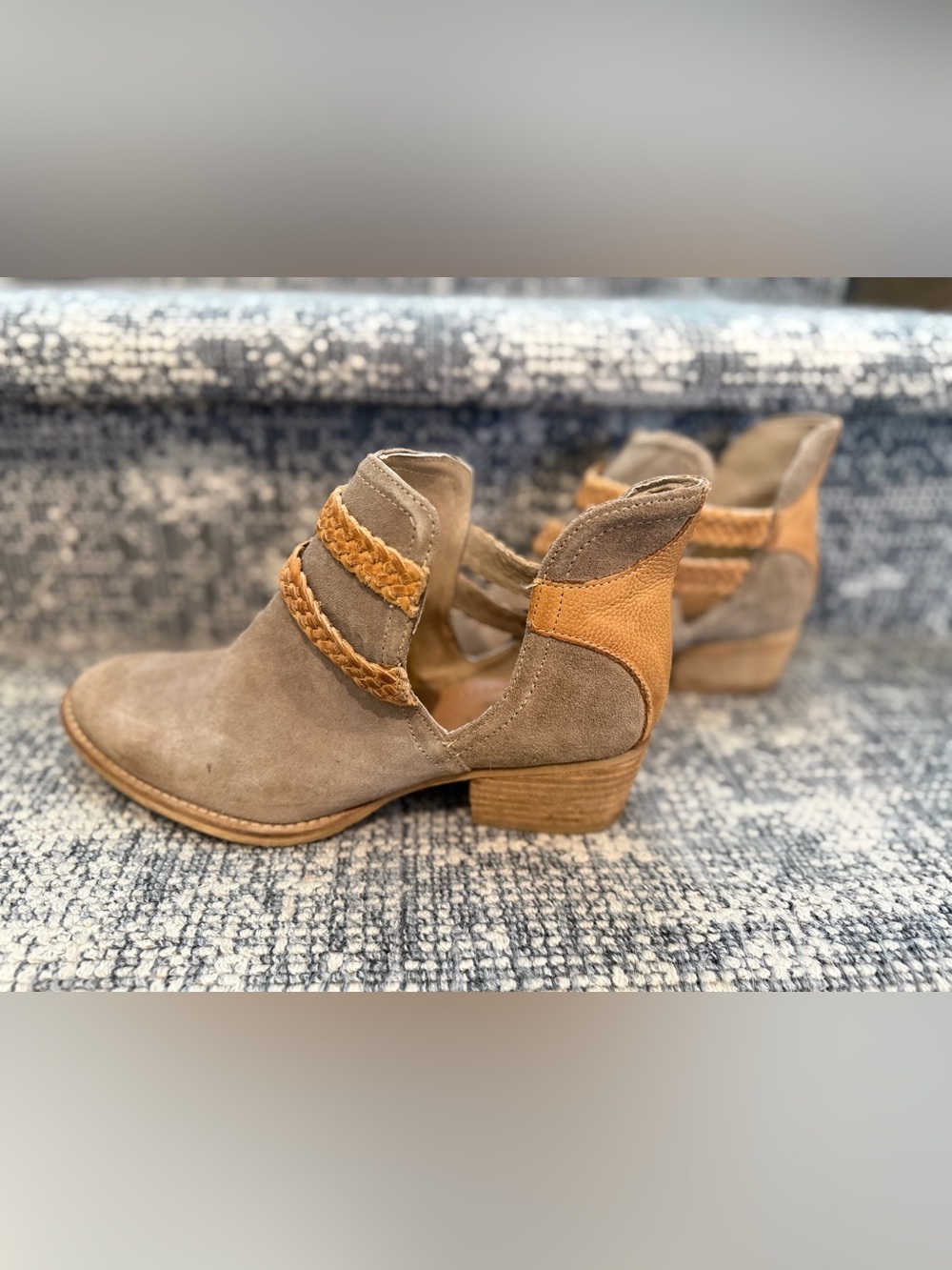 Journee Collection Taupe Suede Ankle Boots with Tan Braided Straps